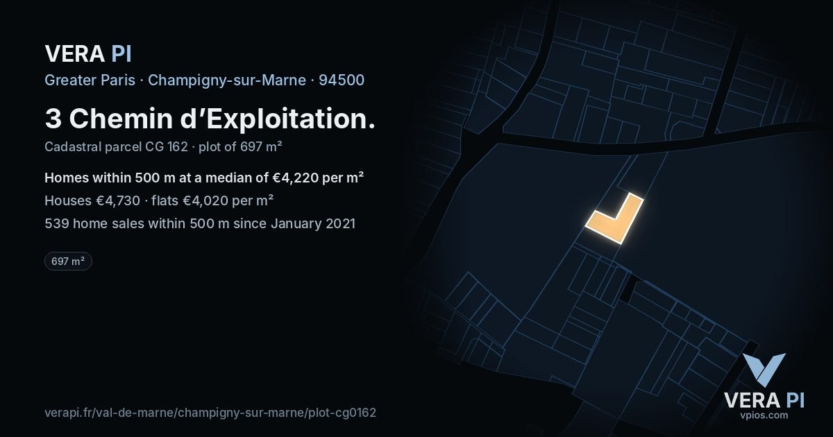 3 Chemin d’Exploitation, Champigny-sur-Marne at night – the plot lit, the parcels around coloured by the prices near them