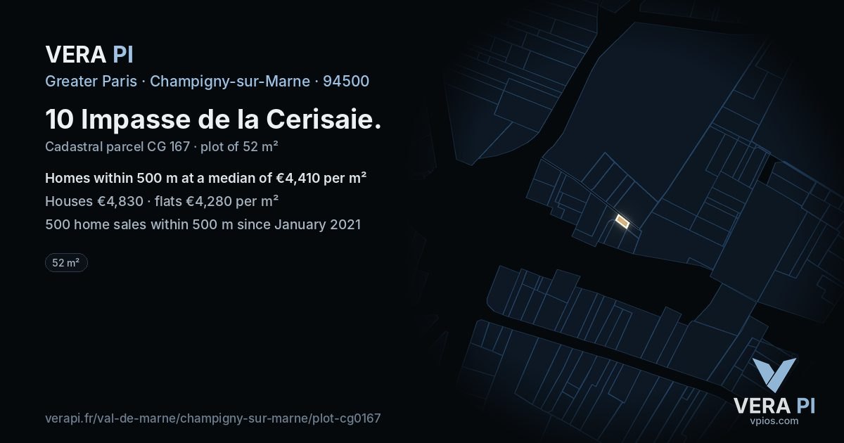 10 Impasse de la Cerisaie, Champigny-sur-Marne at night – the plot lit, the parcels around coloured by the prices near them