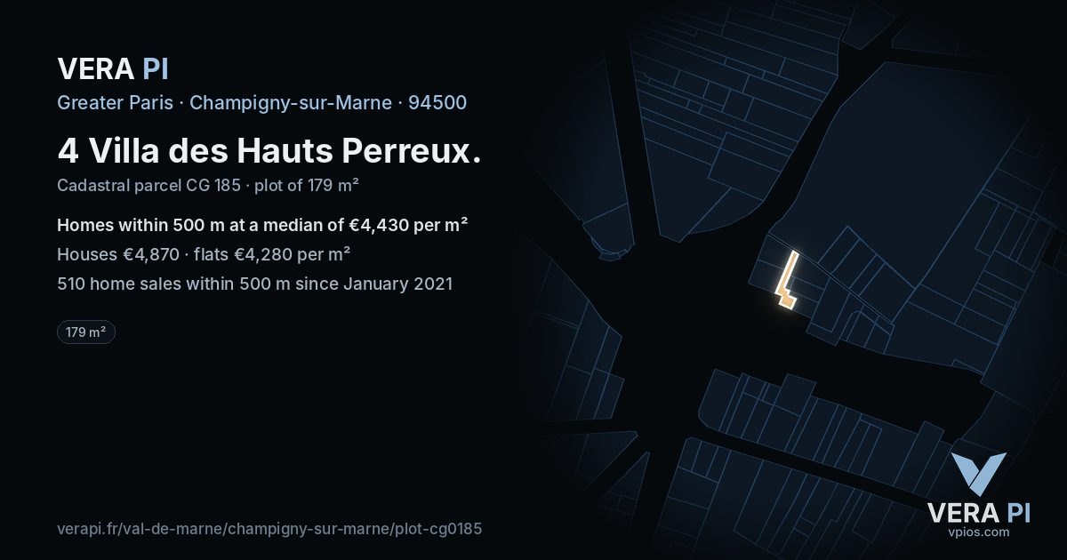 4 Villa des Hauts Perreux, Champigny-sur-Marne at night – the plot lit, the parcels around coloured by the prices near them