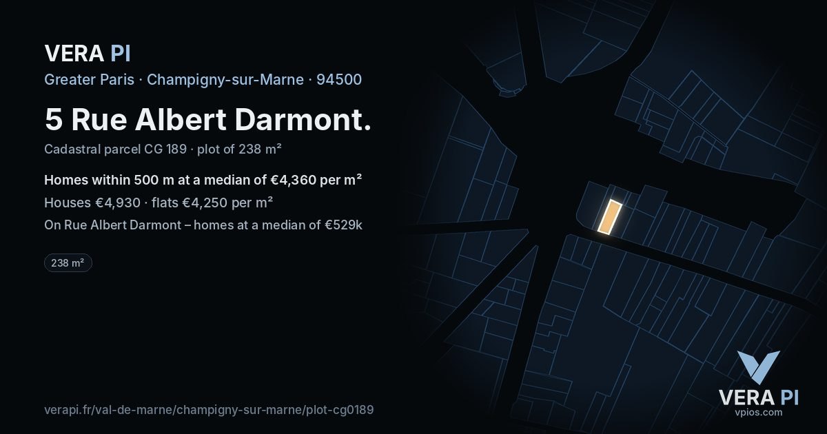 5 Rue Albert Darmont, Champigny-sur-Marne at night – the plot lit, the parcels around coloured by the prices near them