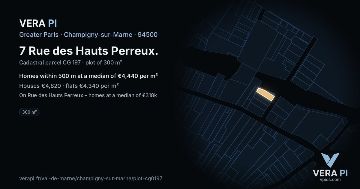 7 Rue des Hauts Perreux, Champigny-sur-Marne at night – the plot lit, the parcels around coloured by the prices near them