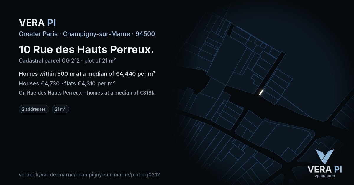 10 Rue des Hauts Perreux, Champigny-sur-Marne at night – the plot lit, the parcels around coloured by the prices near them