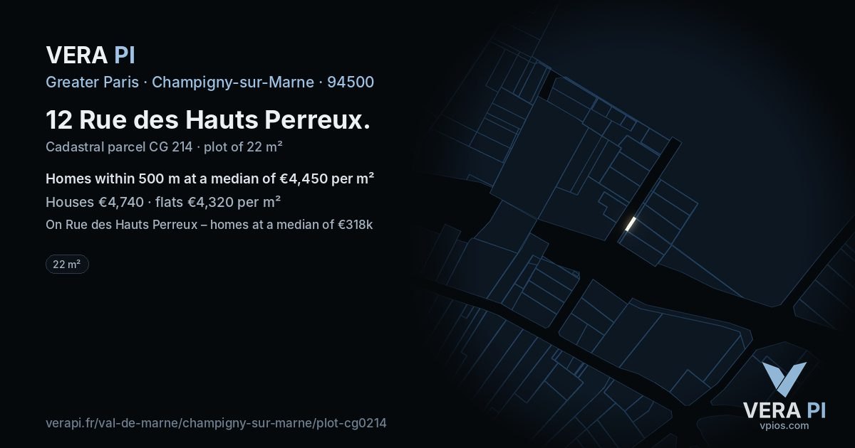 12 Rue des Hauts Perreux, Champigny-sur-Marne at night – the plot lit, the parcels around coloured by the prices near them