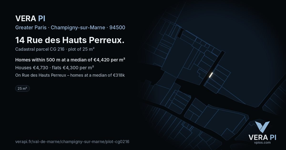 14 Rue des Hauts Perreux, Champigny-sur-Marne at night – the plot lit, the parcels around coloured by the prices near them