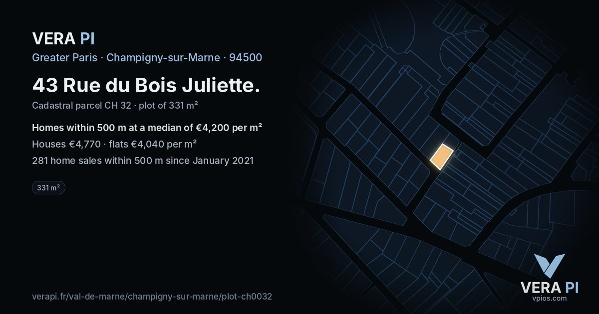 43 Rue du Bois Juliette, Champigny-sur-Marne at night – the plot lit, the parcels around coloured by the prices near them