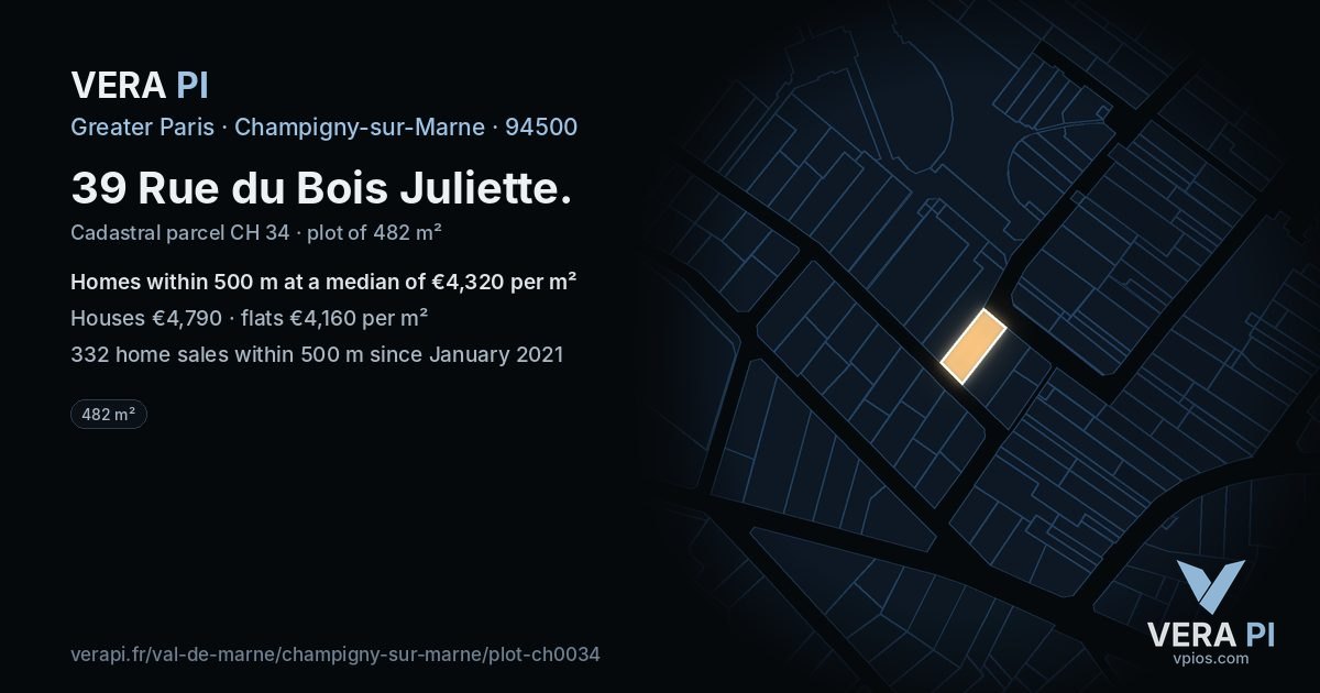 39 Rue du Bois Juliette, Champigny-sur-Marne at night – the plot lit, the parcels around coloured by the prices near them