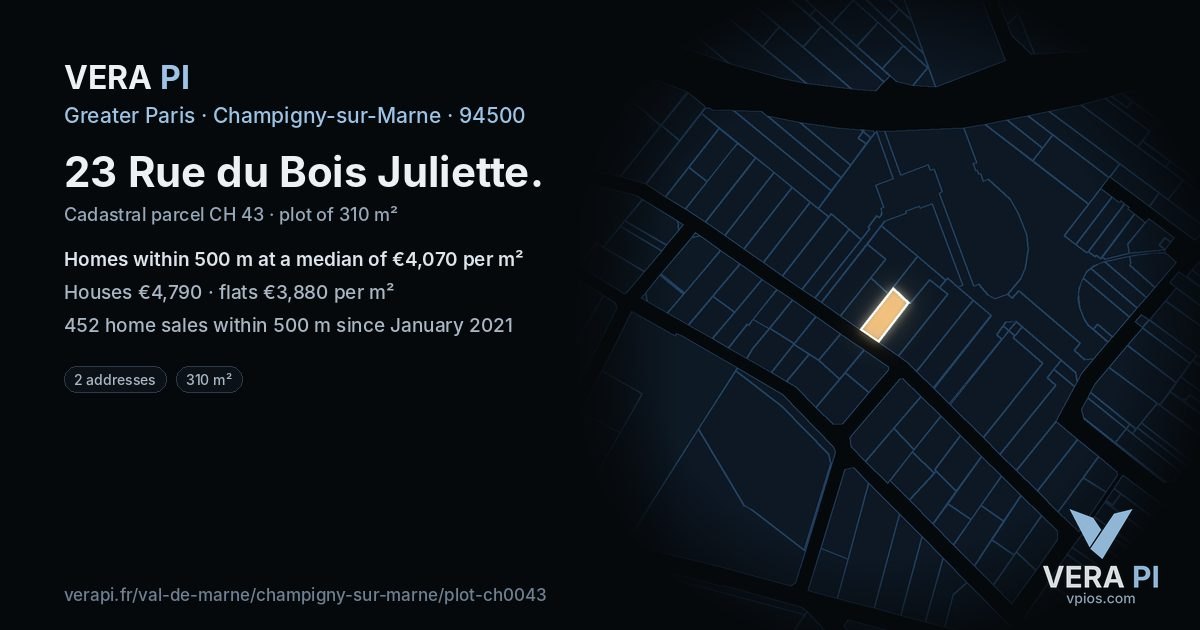 23 Rue du Bois Juliette, Champigny-sur-Marne at night – the plot lit, the parcels around coloured by the prices near them
