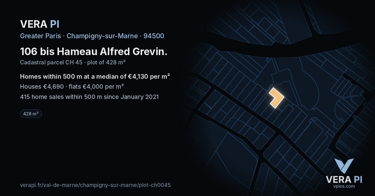 106 bis Hameau Alfred Grevin, Champigny-sur-Marne at night – the plot lit, the parcels around coloured by the prices near them