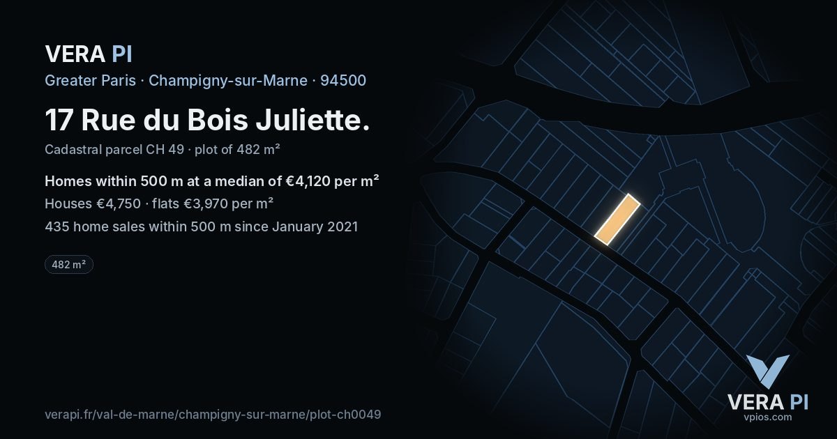17 Rue du Bois Juliette, Champigny-sur-Marne at night – the plot lit, the parcels around coloured by the prices near them