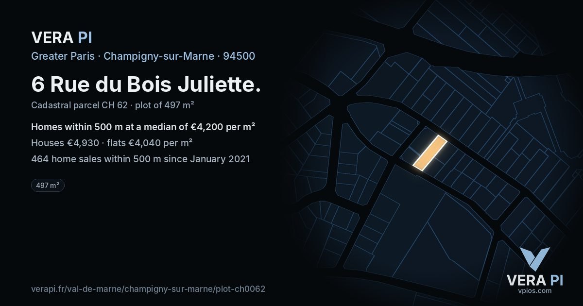 6 Rue du Bois Juliette, Champigny-sur-Marne at night – the plot lit, the parcels around coloured by the prices near them