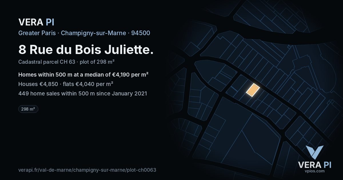 8 Rue du Bois Juliette, Champigny-sur-Marne at night – the plot lit, the parcels around coloured by the prices near them