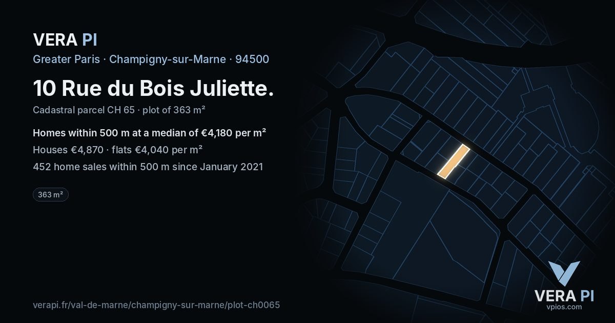 10 Rue du Bois Juliette, Champigny-sur-Marne at night – the plot lit, the parcels around coloured by the prices near them