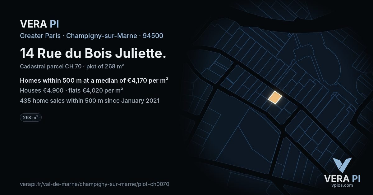 14 Rue du Bois Juliette, Champigny-sur-Marne at night – the plot lit, the parcels around coloured by the prices near them