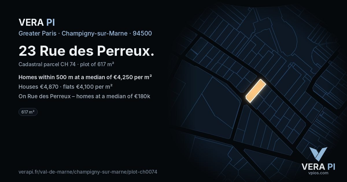 23 Rue des Perreux, Champigny-sur-Marne at night – the plot lit, the parcels around coloured by the prices near them