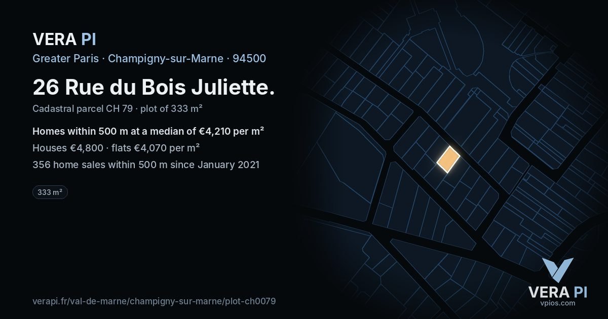 26 Rue du Bois Juliette, Champigny-sur-Marne at night – the plot lit, the parcels around coloured by the prices near them