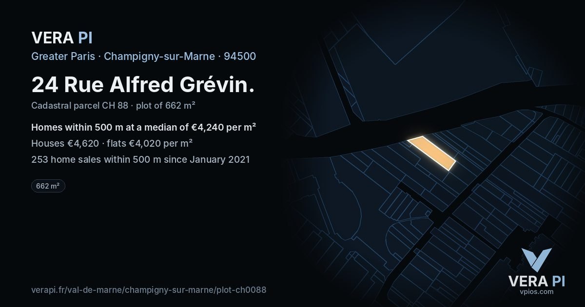 24 Rue Alfred Grévin, Champigny-sur-Marne at night – the plot lit, the parcels around coloured by the prices near them