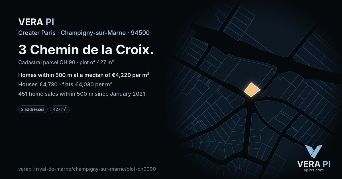 3 Chemin de la Croix, Champigny-sur-Marne at night – the plot lit, the parcels around coloured by the prices near them