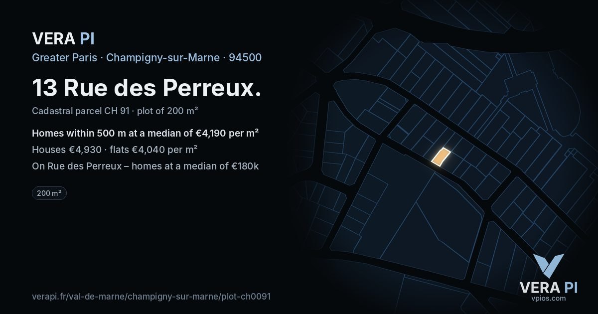 13 Rue des Perreux, Champigny-sur-Marne at night – the plot lit, the parcels around coloured by the prices near them