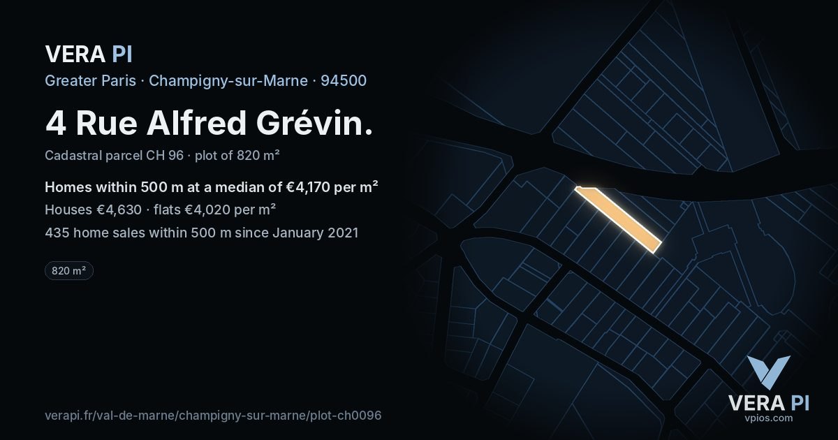 4 Rue Alfred Grévin, Champigny-sur-Marne at night – the plot lit, the parcels around coloured by the prices near them
