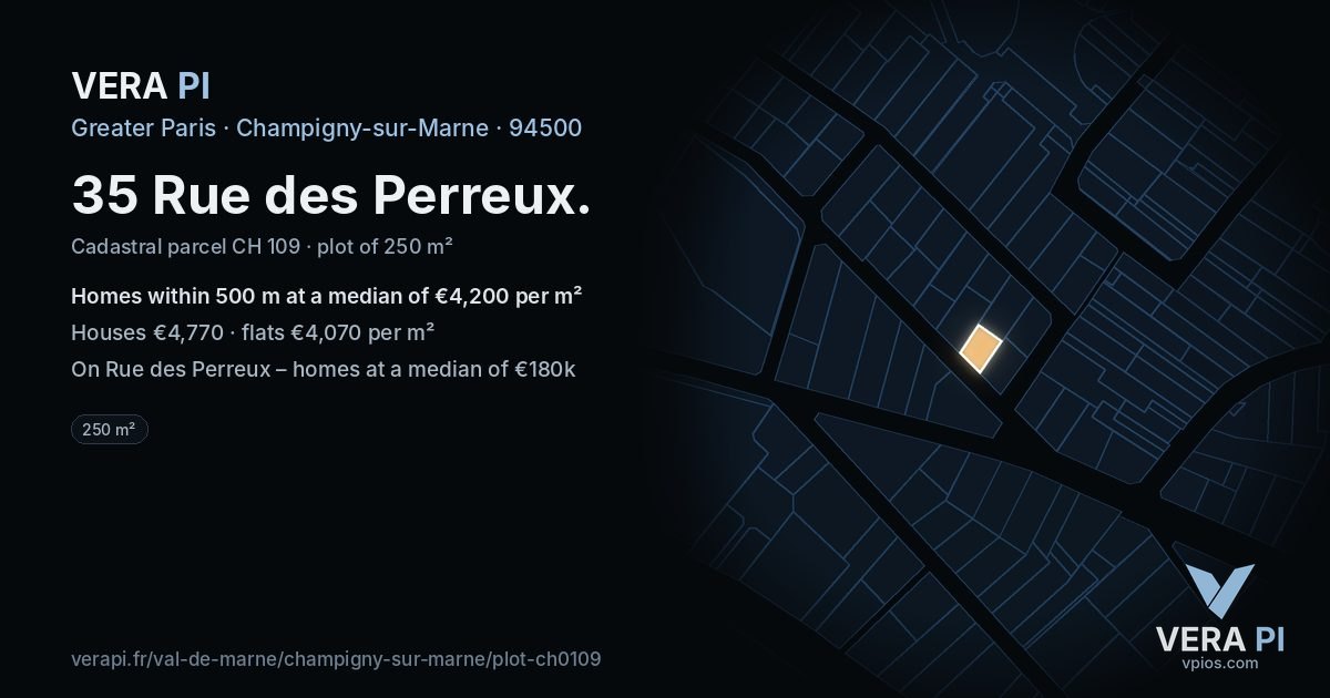 35 Rue des Perreux, Champigny-sur-Marne at night – the plot lit, the parcels around coloured by the prices near them