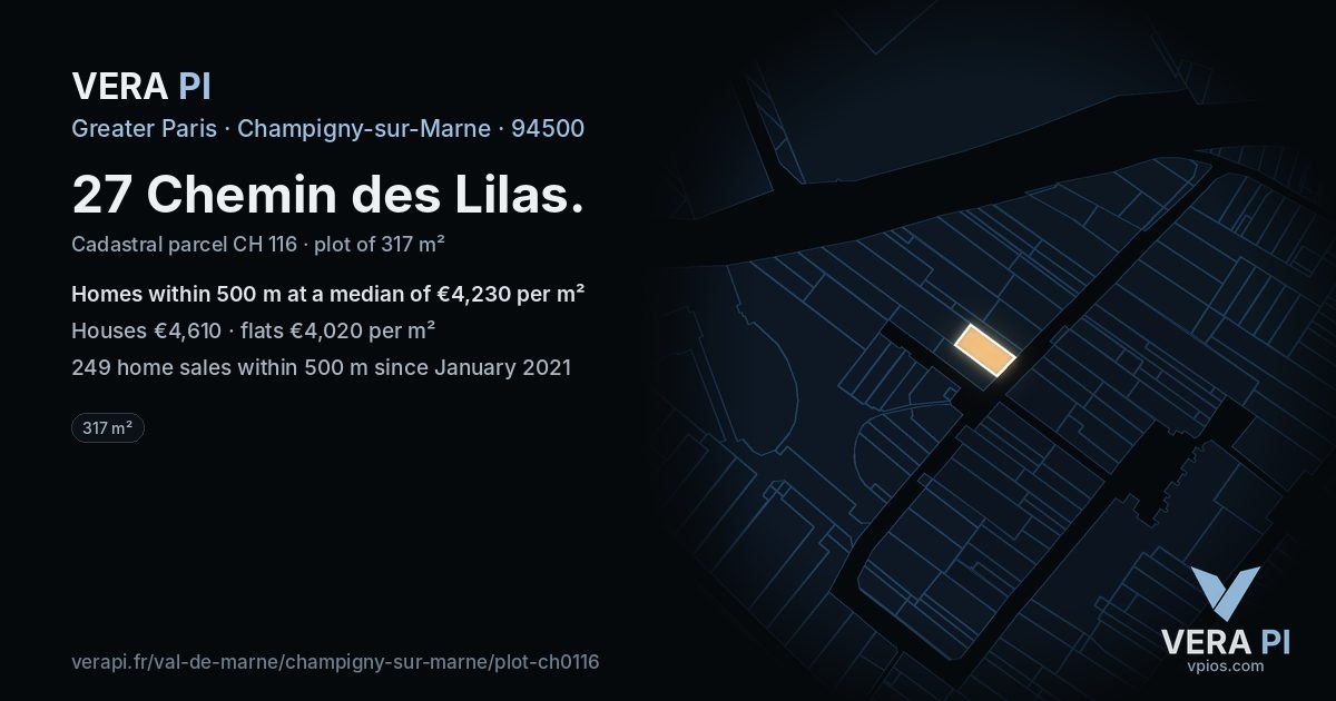 27 Chemin des Lilas, Champigny-sur-Marne at night – the plot lit, the parcels around coloured by the prices near them