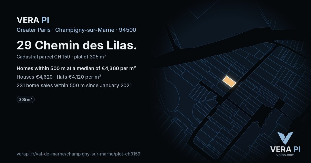 29 Chemin des Lilas, Champigny-sur-Marne at night – the plot lit, the parcels around coloured by the prices near them