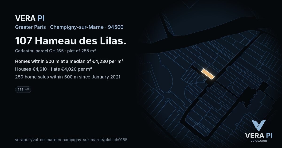 107 Hameau des Lilas, Champigny-sur-Marne at night – the plot lit, the parcels around coloured by the prices near them