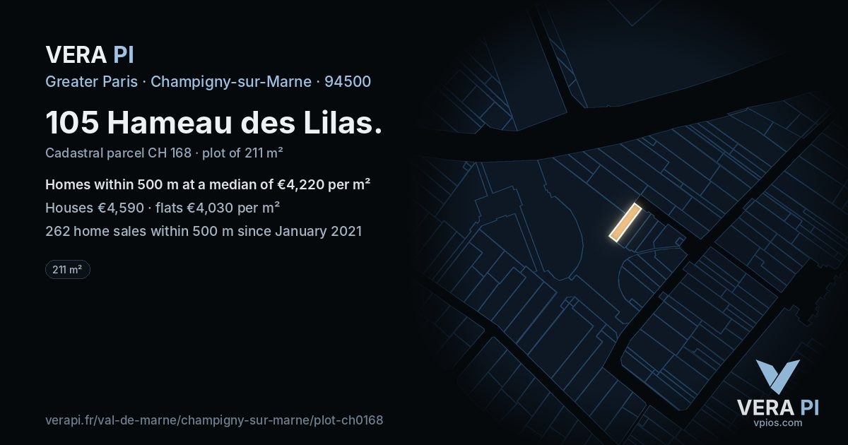 105 Hameau des Lilas, Champigny-sur-Marne at night – the plot lit, the parcels around coloured by the prices near them