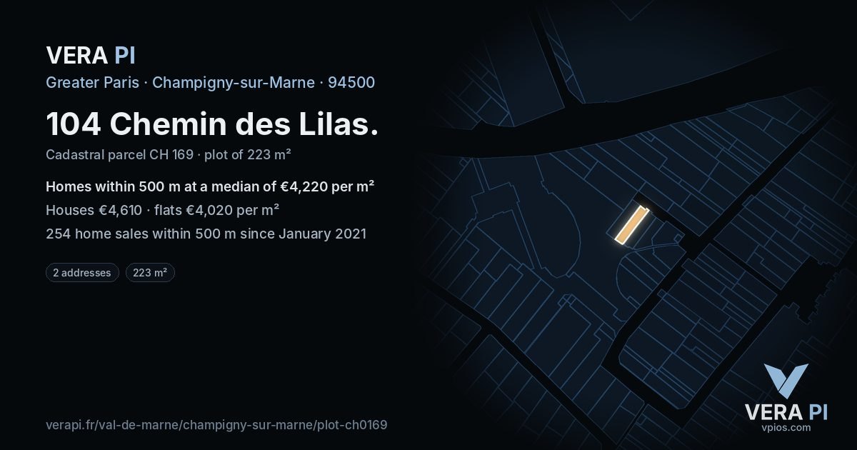 104 Chemin des Lilas, Champigny-sur-Marne at night – the plot lit, the parcels around coloured by the prices near them