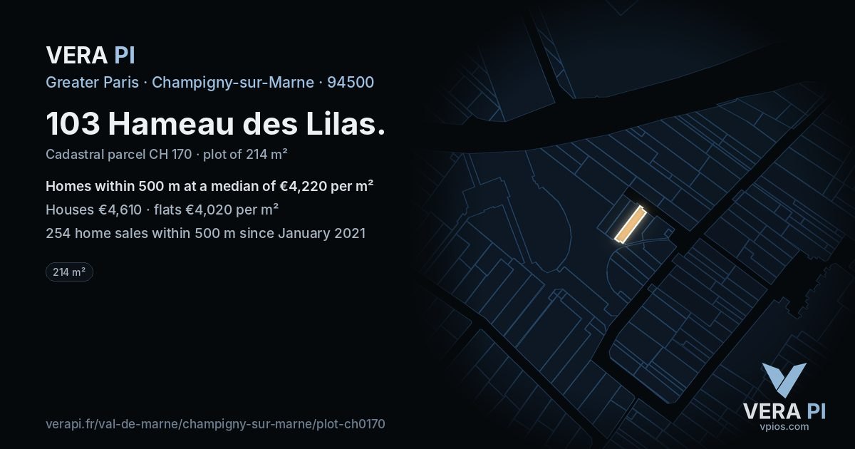 103 Hameau des Lilas, Champigny-sur-Marne at night – the plot lit, the parcels around coloured by the prices near them