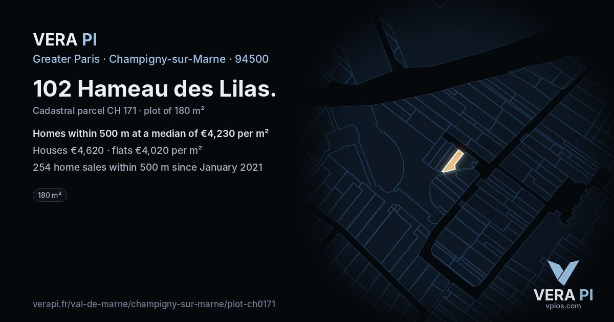 102 Hameau des Lilas, Champigny-sur-Marne at night – the plot lit, the parcels around coloured by the prices near them