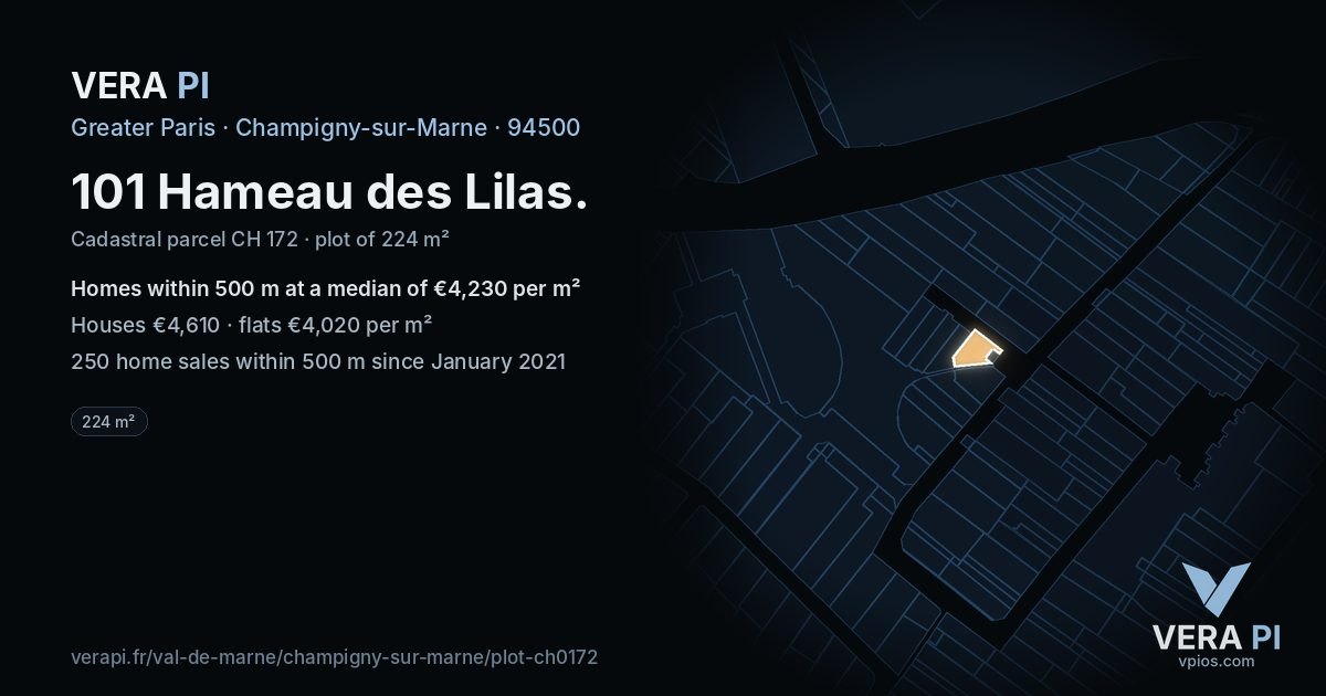101 Hameau des Lilas, Champigny-sur-Marne at night – the plot lit, the parcels around coloured by the prices near them
