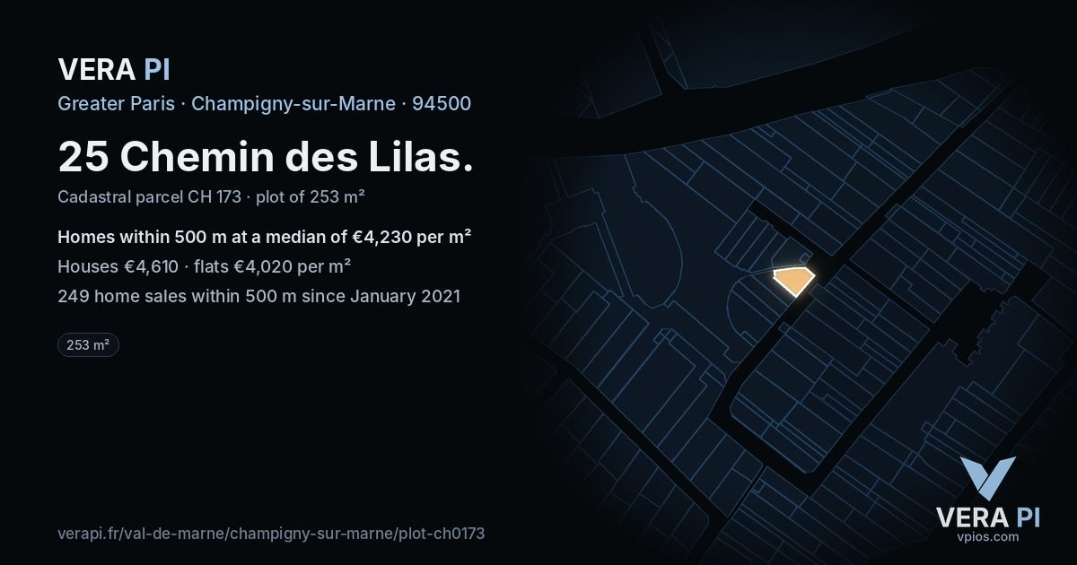 25 Chemin des Lilas, Champigny-sur-Marne at night – the plot lit, the parcels around coloured by the prices near them