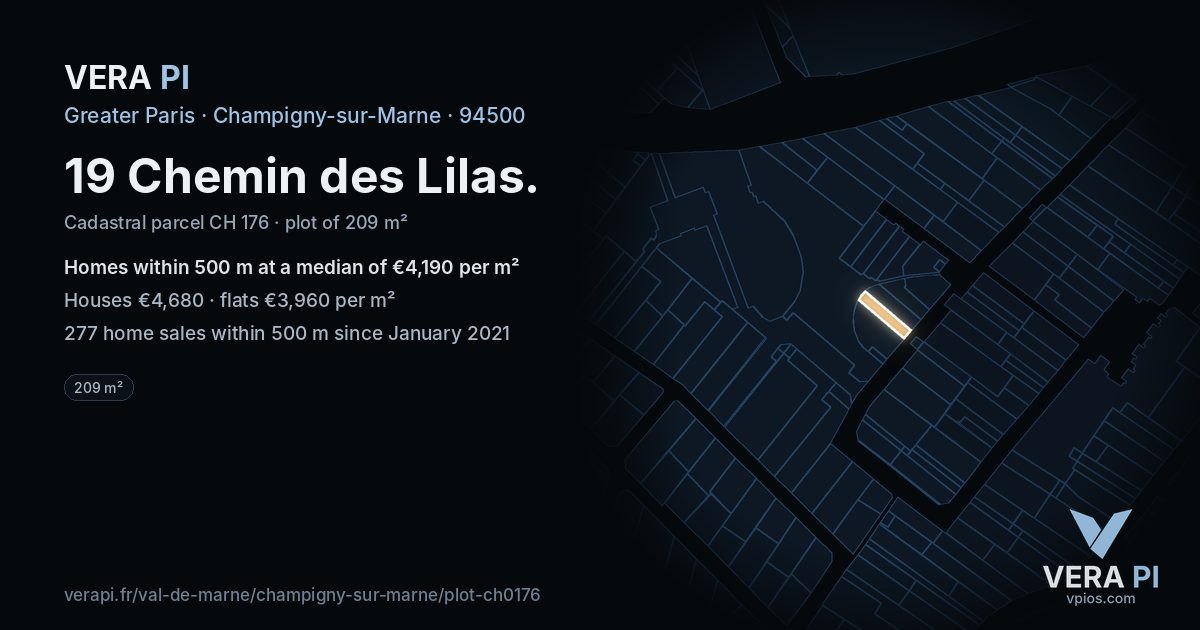 19 Chemin des Lilas, Champigny-sur-Marne at night – the plot lit, the parcels around coloured by the prices near them