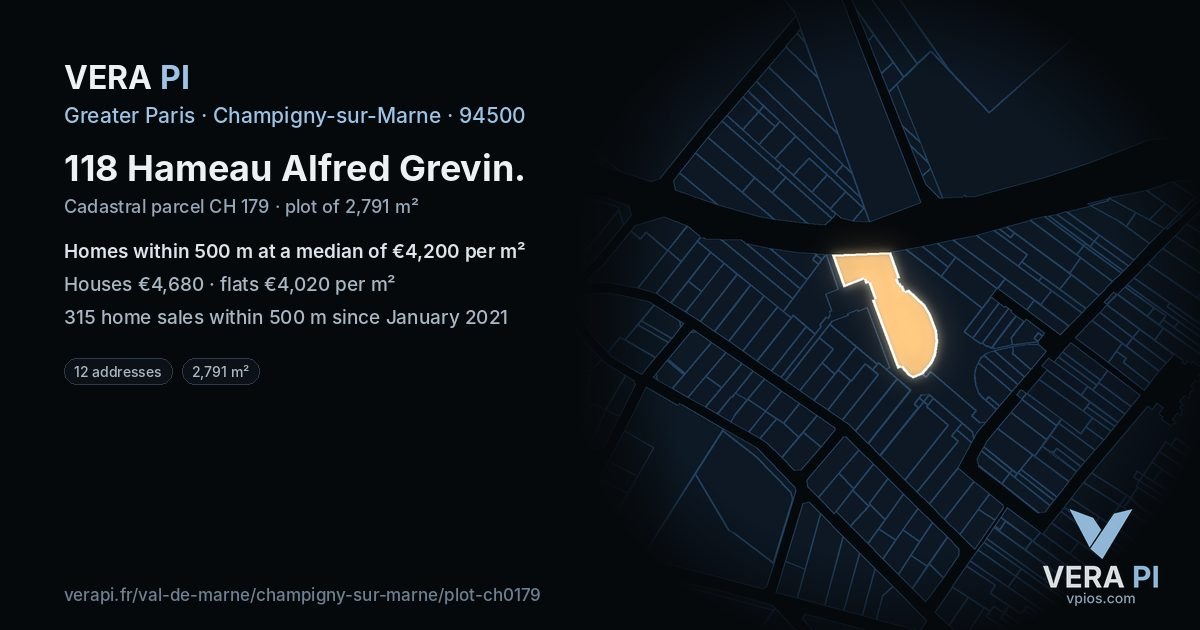 118 Hameau Alfred Grevin, Champigny-sur-Marne at night – the plot lit, the parcels around coloured by the prices near them