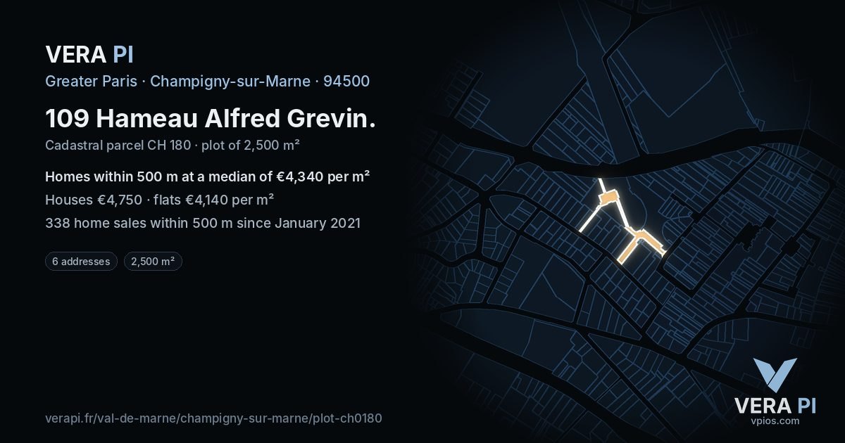 109 Hameau Alfred Grevin, Champigny-sur-Marne at night – the plot lit, the parcels around coloured by the prices near them