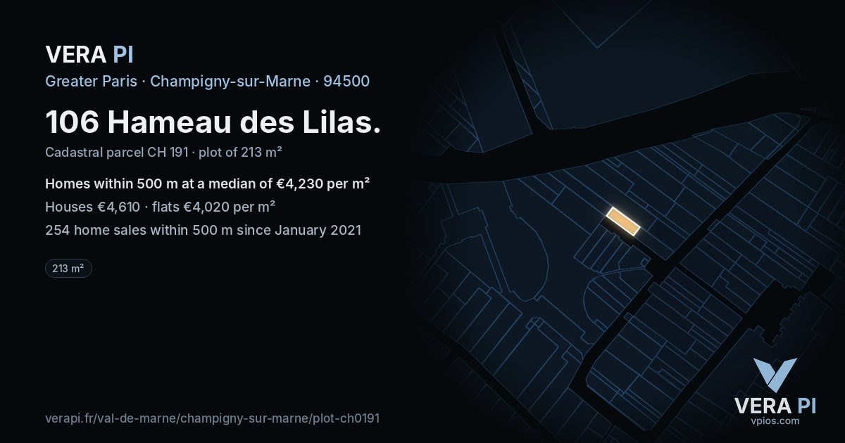 106 Hameau des Lilas, Champigny-sur-Marne at night – the plot lit, the parcels around coloured by the prices near them
