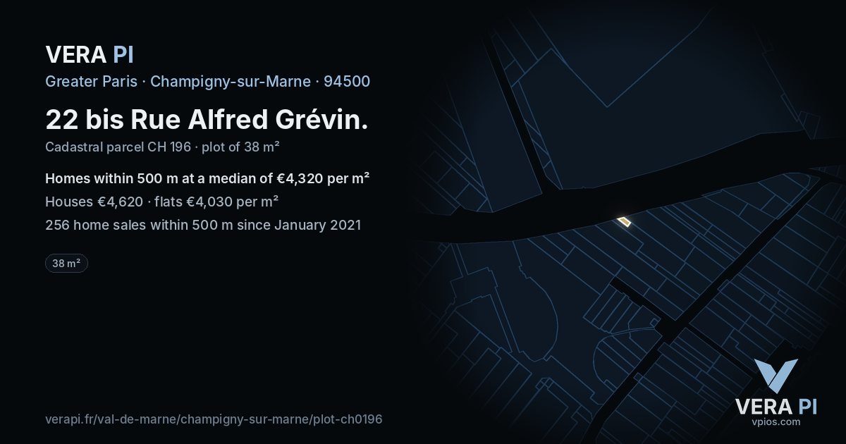 22 bis Rue Alfred Grévin, Champigny-sur-Marne at night – the plot lit, the parcels around coloured by the prices near them