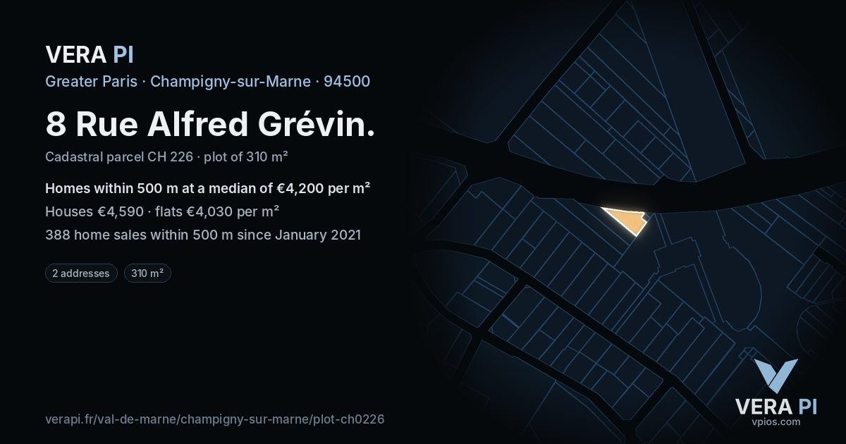 8 Rue Alfred Grévin, Champigny-sur-Marne at night – the plot lit, the parcels around coloured by the prices near them