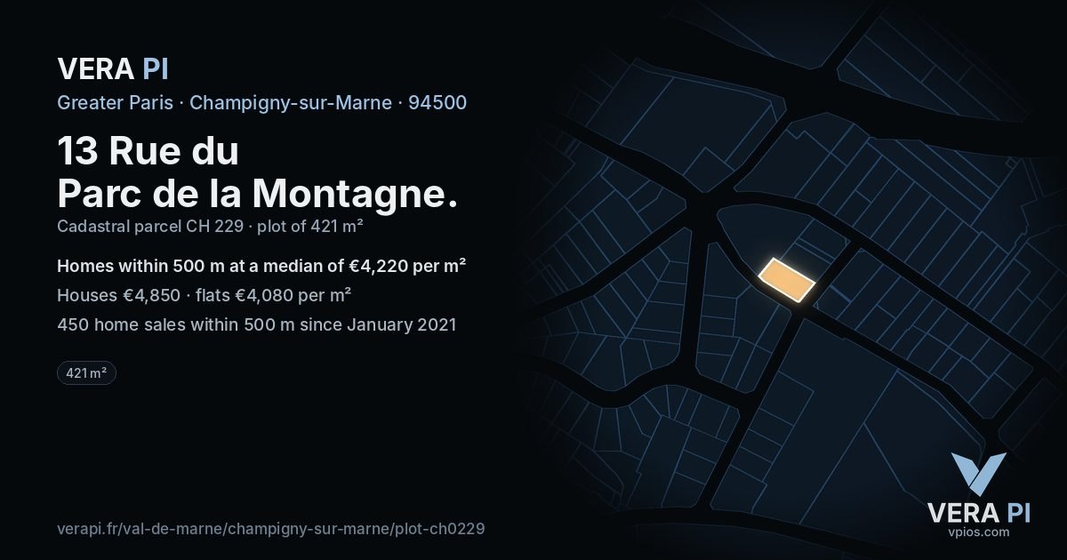 13 Rue du Parc de la Montagne, Champigny-sur-Marne at night – the plot lit, the parcels around coloured by the prices near them