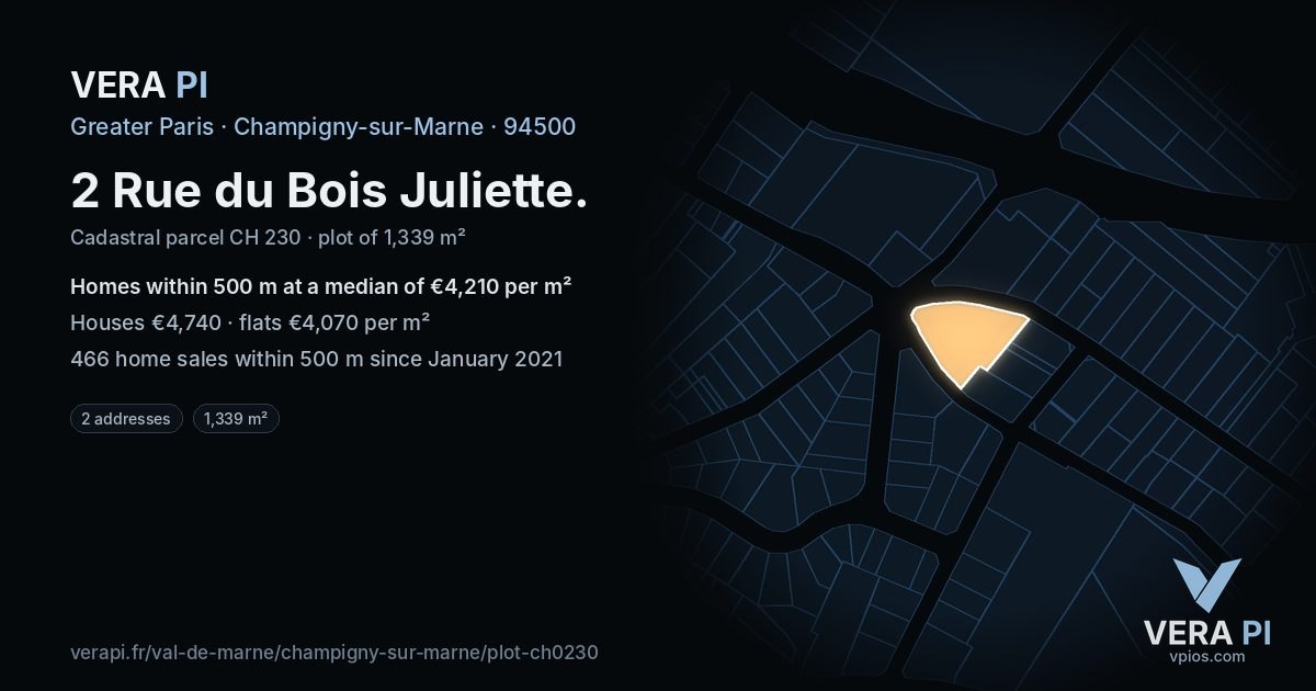 2 Rue du Bois Juliette, Champigny-sur-Marne at night – the plot lit, the parcels around coloured by the prices near them