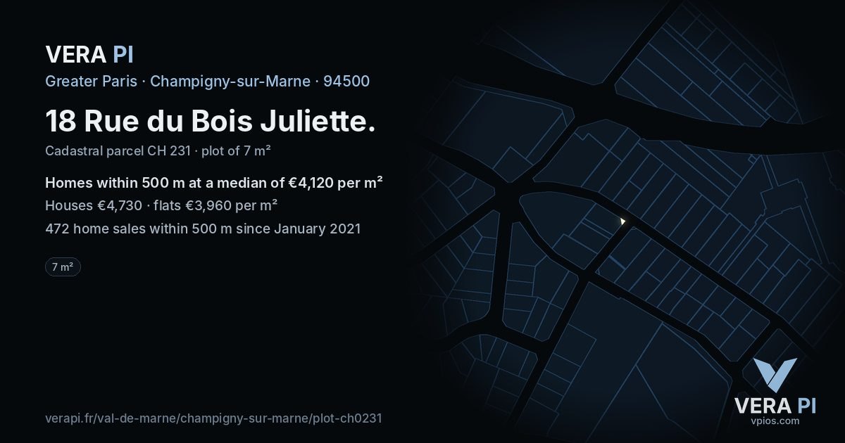 18 Rue du Bois Juliette, Champigny-sur-Marne at night – the plot lit, the parcels around coloured by the prices near them