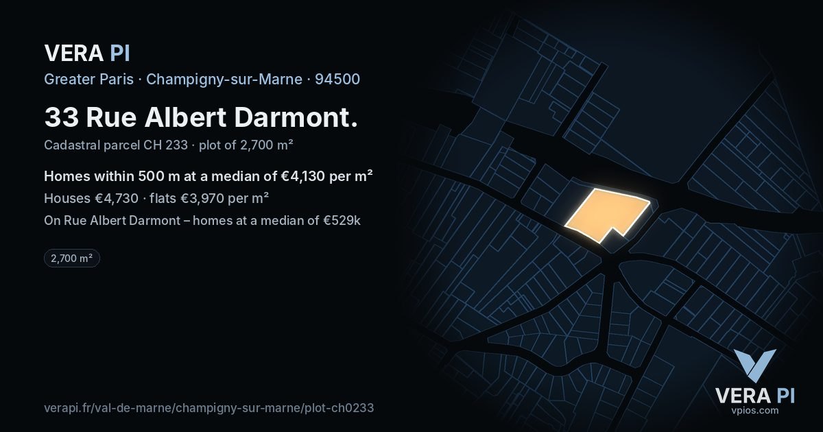 33 Rue Albert Darmont, Champigny-sur-Marne at night – the plot lit, the parcels around coloured by the prices near them