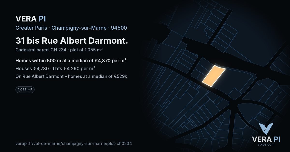 31 bis Rue Albert Darmont, Champigny-sur-Marne at night – the plot lit, the parcels around coloured by the prices near them