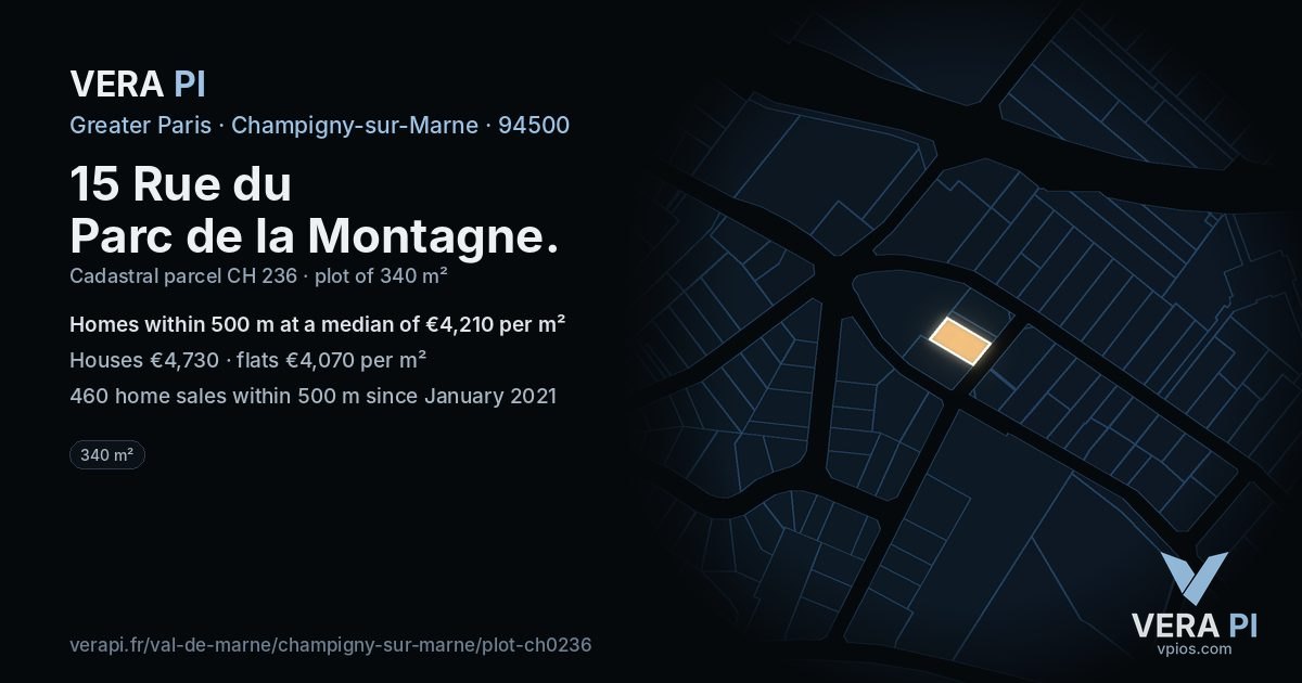 15 Rue du Parc de la Montagne, Champigny-sur-Marne at night – the plot lit, the parcels around coloured by the prices near them