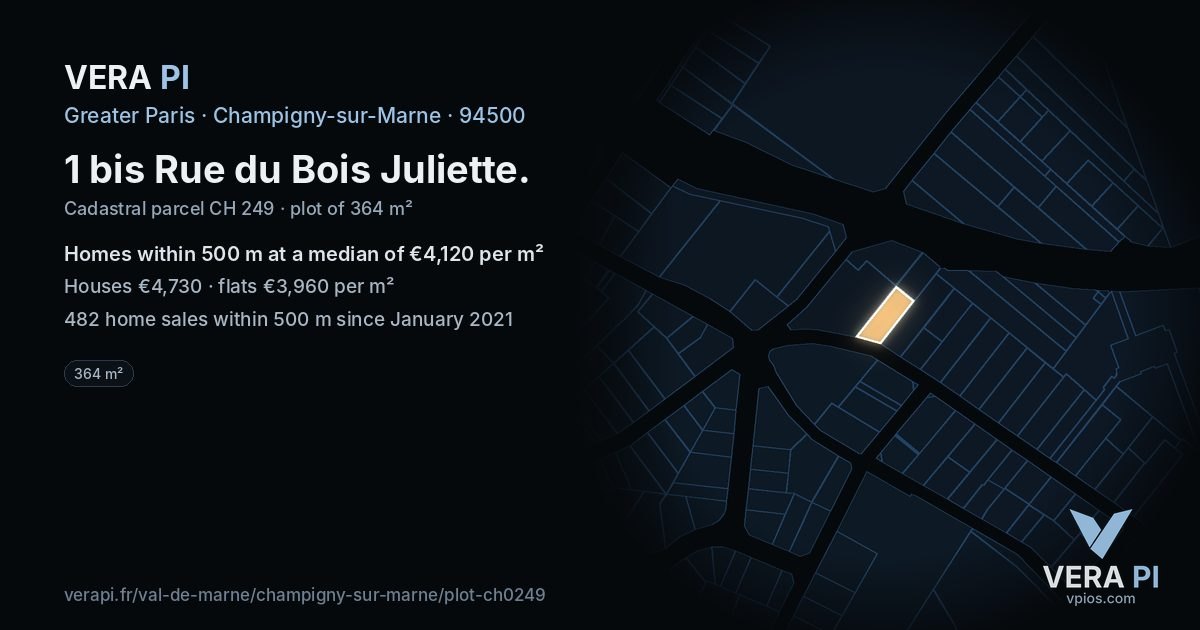 1 bis Rue du Bois Juliette, Champigny-sur-Marne at night – the plot lit, the parcels around coloured by the prices near them
