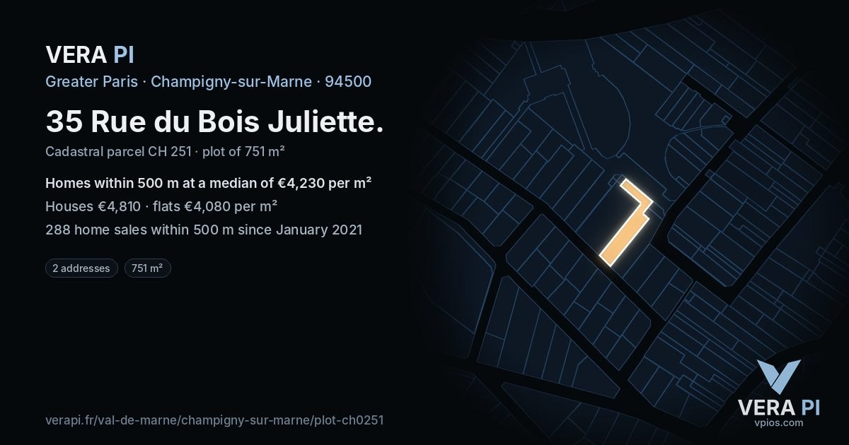 35 Rue du Bois Juliette, Champigny-sur-Marne at night – the plot lit, the parcels around coloured by the prices near them