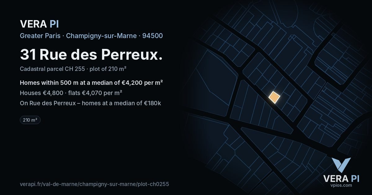 31 Rue des Perreux, Champigny-sur-Marne at night – the plot lit, the parcels around coloured by the prices near them