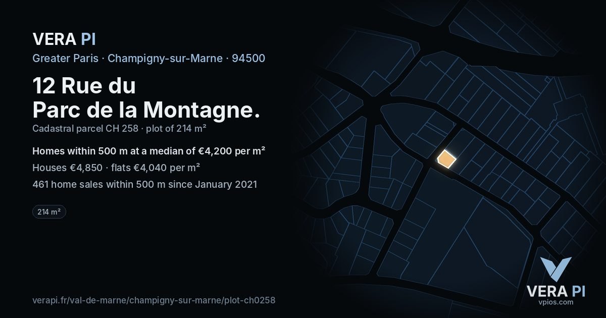 12 Rue du Parc de la Montagne, Champigny-sur-Marne at night – the plot lit, the parcels around coloured by the prices near them