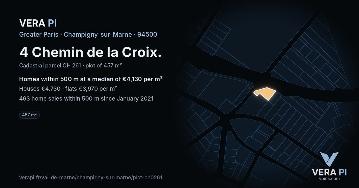 4 Chemin de la Croix, Champigny-sur-Marne at night – the plot lit, the parcels around coloured by the prices near them